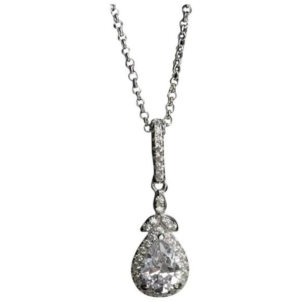 New Sterling Silver Teardrop Cz Halo Pendant Necklace